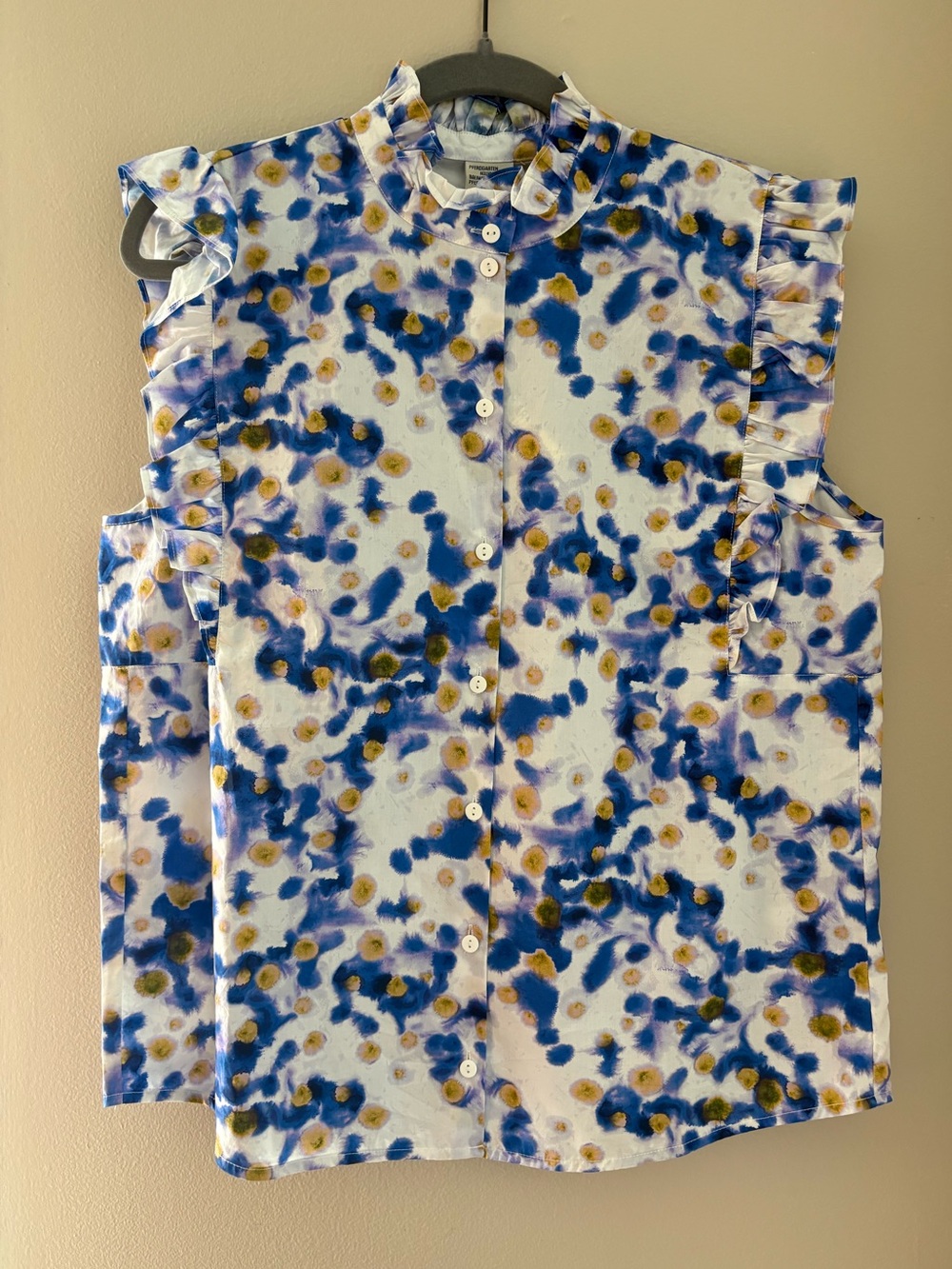 NWT Baum und Pferdgarten Miramar Blouse High Neck Ruffles Blue Gold Sz 42 Large - Picture 3 of 7